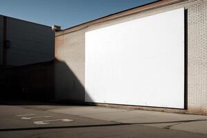 A blank white billboard mockup on a sidewalk in a city photo