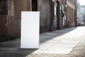 A blank white billboard mockup on a sidewalk in a city photo