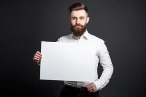 A man holds a blank white sign board mockup in his hand photo