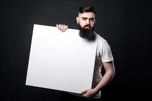 A man holds a blank white sign board mockup in his hand photo