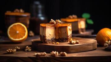Delicious caramel cheesecake with walnuts and orange served on wooden table, photo