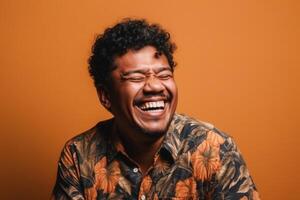 a man on solid color background photoshoot with Laugh face experession photo