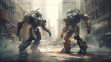 A futuristic clash between two immense robotic warriors photo