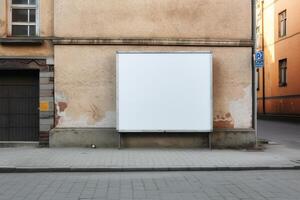 A blank white billboard mockup on a sidewalk in a city photo