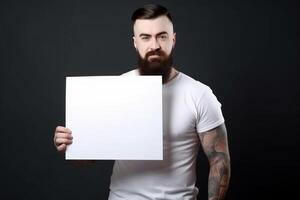 A man holds a blank white sign board mockup in his hand photo