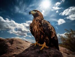 un águila con dorado plumas y azul ojos en pie en un roca, el Dom detrás el nubes en el azul cielo, generativo ai foto