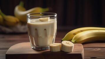 Glass of tasty vanilla pudding with banana on wooden table, photo