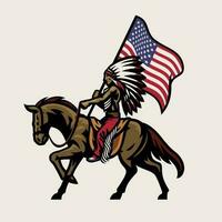americano indio jefe montando caballo y sostener el americano bandera vector