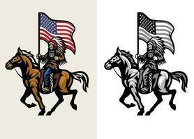 Set American Indian Chief Riding Horse and Hold the American Flag vector