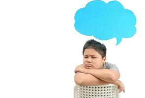 Fat boy thinking with with speech bubble isolated photo