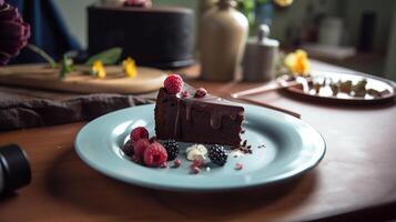 un rebanada de delicioso chocolate pastel. en capas chocolate pastel, generativo ai foto