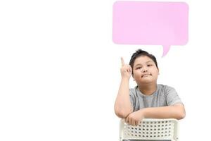 Fat boy thinking and pointing at speech bubble isolated photo