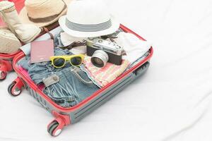 Travel accessories costumes. Passport, luggage, camera. photo