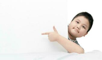obese fat boy pointing on white banner board isolated photo