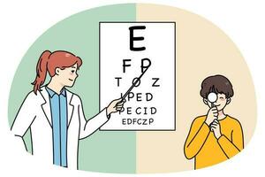 Female ophthalmologist check eyesight of boy child vector