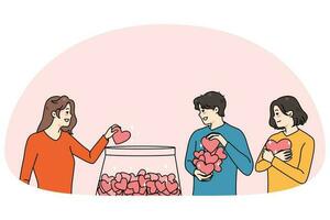 Happy people put hearts in jar for charity vector