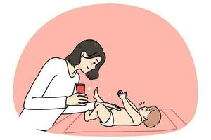 Caring mom moisturize newborn baby body vector