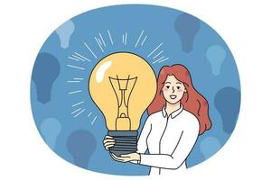 Smiling woman with lightbulb generate business ideas vector