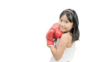cute girl fighting with red boxing gloves isolated photo