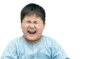 Portrait of a scared obese fat boy isolated photo