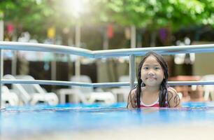 Cute asian girl play water in swimming pool photo