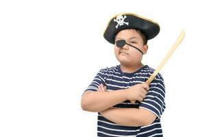 Portrait of fat pirate holding wooden sword isolated photo