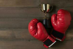 red boxing glove and trophy on wood bcakground photo