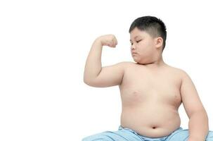 obese fat boy  show muscles isolated on white photo