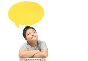 Fat boy thinking with with speech bubble isolated photo