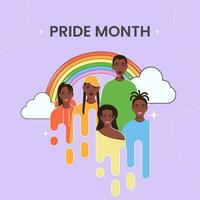 Pride Month Concept With International People Character In Rounded Lines, Rainbow And Clouds On Purple Background. vector