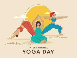 International Yoga Day Concept With Faceless Young Ladies Practicing Asana Pose In Three Style. vector