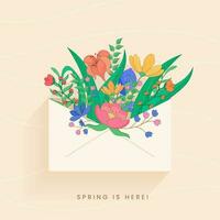 Spring Poster Design With Colorful Floral Inside Open Envelope On Pastel Peach Background. vector