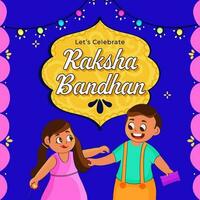 vamos celebrar raksha Bandhan mensaje texto con linda niños personaje y Encendiendo guirnalda en azul antecedentes. vector