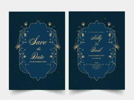 Floral Wedding Invitation Card Template In Blue Color And Event Details. vector