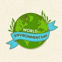 World Environment Day Concept With Earth Globe, Leaves On Beige Swirl Pattern Background. vector