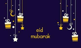 eid Mubarak celebracion concepto con regalo cajas, estrellas, creciente Luna colgar decorado en Violeta antecedentes. vector