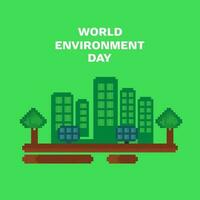 World Environment Day Concept With Pixel Art Buildings, Solar Panels And Trees On Green Background. vector