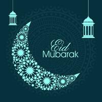 Cyan Eid Mubarak Font With Creative Crescent Moon, Lanterns Hang On Teal Blue Mandala Pattern Background. vector