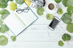 calendar notebook with heart shaped green leaf and coffee photo