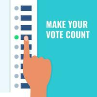 Illustration Of Human Hand Pressing Button For Count Your Vote On Blue Background. vector