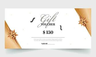 Gift Voucher Banner Or Header Design With Realistic Flower Ribbon On White And Copper Background. vector