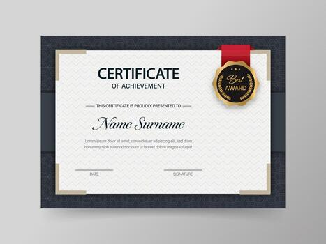 Certificate Of Achievement Template With Medal Badge And Zigzag Line Pattern In White And Black Color. vector