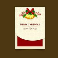 Merry Christmas And Happy New Year Greeting Card With Jingle Bell, Berries On White And Red Snowflake Pattern Background. vector