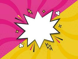 Empty Starburst Frame With Lightning Bolts Against Pink And Yellow Rays Halftone Effect Background. vector