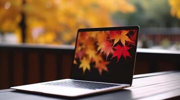 Blank screen laptop computer on terrace with beautiful autumn colorful red and yellow maple leaves background, photo