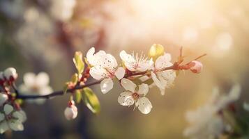 Spring blossom background. Beautiful nature scene with blooming tree and sun flare. Sunny day. Spring flowers. Beautiful Orchard. Abstract blurred background, photo