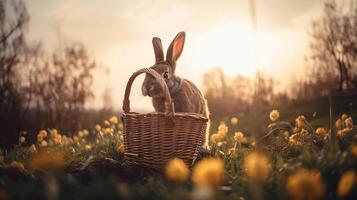 Easter bunny with a basket of eggs. Happy Easter Bunny on a card on their hind legs with flowers, photo