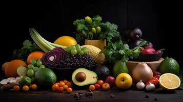 Fresh vegetables, fruits and seeds on black table, flat lay, photo