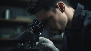 Scientist using microscope in laboratory, photo