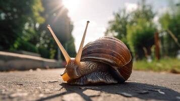 verano día , grande caracol en cáscara gateando en camino, generativo ai foto